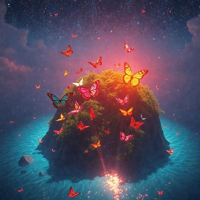 The primary subject of the image is a beautifully illustrated butterfly island, surrounded by a blue ocean. The island is covered in a variety of butterflies, creating a vibrant and lively atmosphere. The setting is a serene and picturesque underwater scene, with the island floating on the surface of the water. The visual style is a combination of digital art and illustration, creating a stunning and imaginative image. The colors and mood are predominantly blue and green, with the butterf